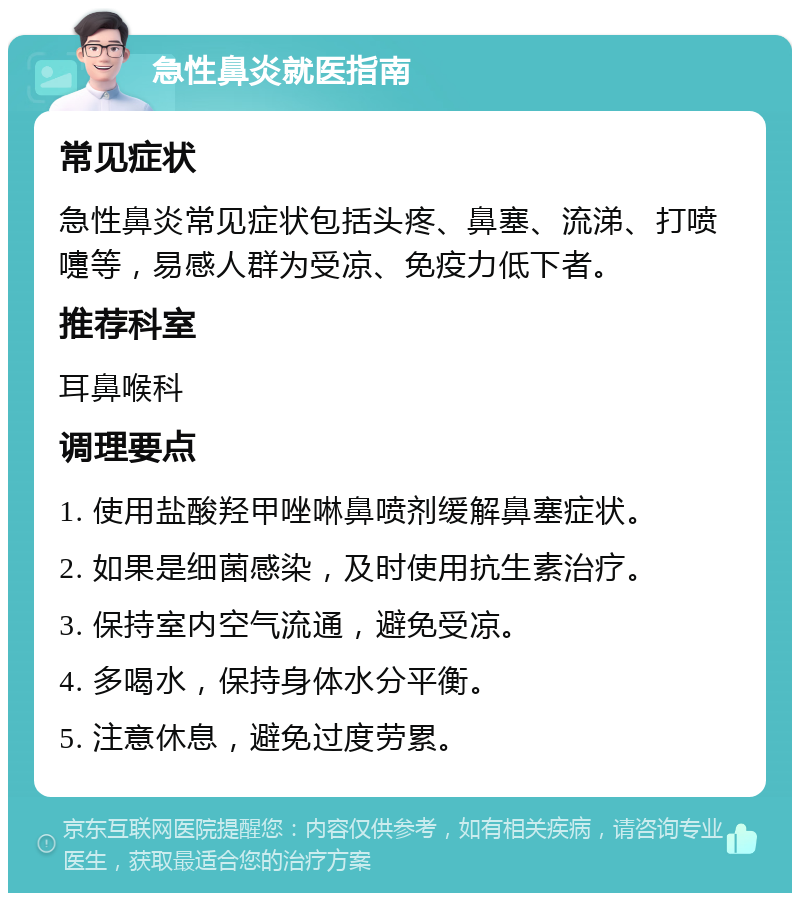 急性鼻炎就医指南 常见症状 急性鼻炎常见症状包括头疼、鼻塞、流涕、打喷嚏等，易感人群为受凉、免疫力低下者。 推荐科室 耳鼻喉科 调理要点 1. 使用盐酸羟甲唑啉鼻喷剂缓解鼻塞症状。 2. 如果是细菌感染，及时使用抗生素治疗。 3. 保持室内空气流通，避免受凉。 4. 多喝水，保持身体水分平衡。 5. 注意休息，避免过度劳累。