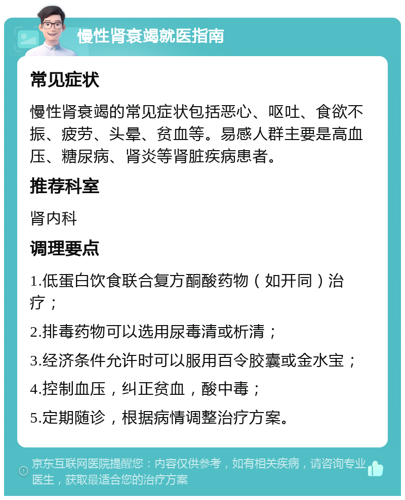 慢性肾衰竭就医指南 常见症状 慢性肾衰竭的常见症状包括恶心、呕吐、食欲不振、疲劳、头晕、贫血等。易感人群主要是高血压、糖尿病、肾炎等肾脏疾病患者。 推荐科室 肾内科 调理要点 1.低蛋白饮食联合复方酮酸药物（如开同）治疗； 2.排毒药物可以选用尿毒清或析清； 3.经济条件允许时可以服用百令胶囊或金水宝； 4.控制血压，纠正贫血，酸中毒； 5.定期随诊，根据病情调整治疗方案。