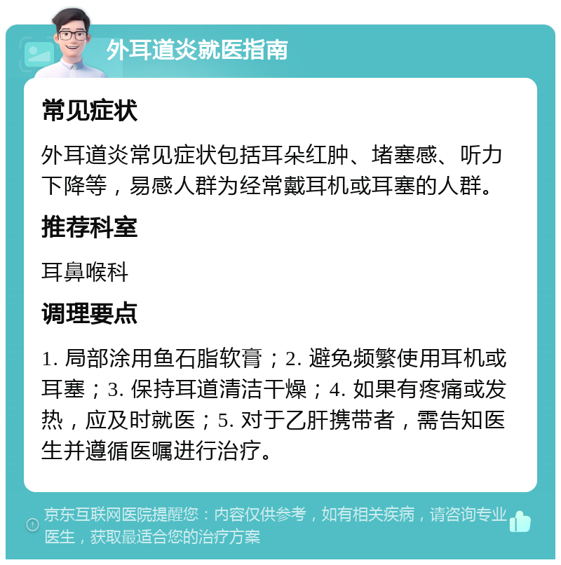 外耳道炎就医指南 常见症状 外耳道炎常见症状包括耳朵红肿、堵塞感、听力下降等，易感人群为经常戴耳机或耳塞的人群。 推荐科室 耳鼻喉科 调理要点 1. 局部涂用鱼石脂软膏；2. 避免频繁使用耳机或耳塞；3. 保持耳道清洁干燥；4. 如果有疼痛或发热，应及时就医；5. 对于乙肝携带者，需告知医生并遵循医嘱进行治疗。