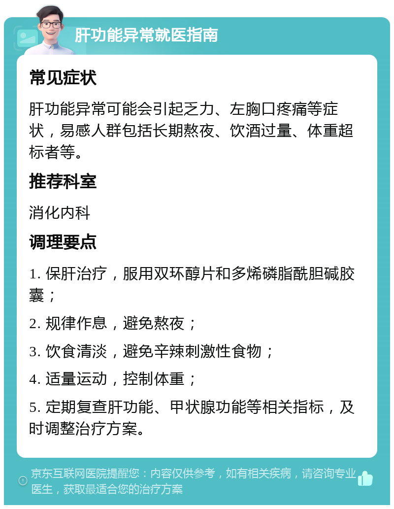 肝功能异常就医指南 常见症状 肝功能异常可能会引起乏力、左胸口疼痛等症状，易感人群包括长期熬夜、饮酒过量、体重超标者等。 推荐科室 消化内科 调理要点 1. 保肝治疗，服用双环醇片和多烯磷脂酰胆碱胶囊； 2. 规律作息，避免熬夜； 3. 饮食清淡，避免辛辣刺激性食物； 4. 适量运动，控制体重； 5. 定期复查肝功能、甲状腺功能等相关指标，及时调整治疗方案。