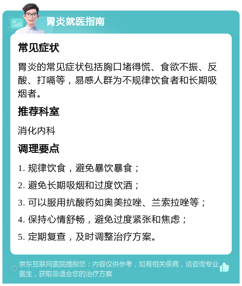 胃炎就医指南 常见症状 胃炎的常见症状包括胸口堵得慌、食欲不振、反酸、打嗝等，易感人群为不规律饮食者和长期吸烟者。 推荐科室 消化内科 调理要点 1. 规律饮食，避免暴饮暴食； 2. 避免长期吸烟和过度饮酒； 3. 可以服用抗酸药如奥美拉唑、兰索拉唑等； 4. 保持心情舒畅，避免过度紧张和焦虑； 5. 定期复查，及时调整治疗方案。