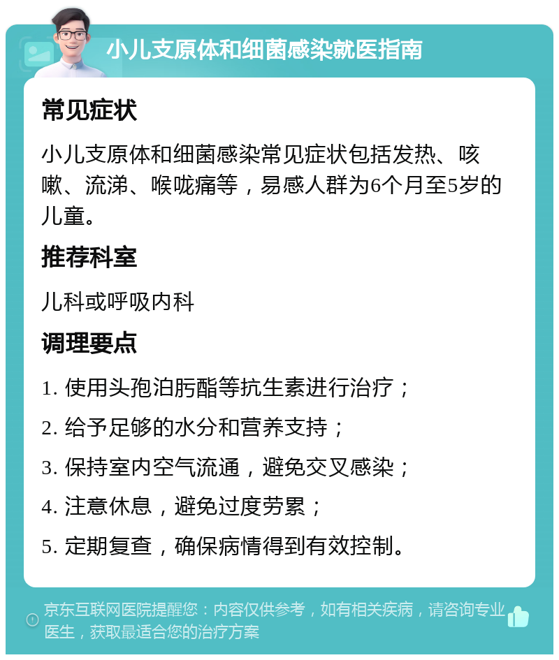 小儿支原体和细菌感染就医指南 常见症状 小儿支原体和细菌感染常见症状包括发热、咳嗽、流涕、喉咙痛等，易感人群为6个月至5岁的儿童。 推荐科室 儿科或呼吸内科 调理要点 1. 使用头孢泊肟酯等抗生素进行治疗； 2. 给予足够的水分和营养支持； 3. 保持室内空气流通，避免交叉感染； 4. 注意休息，避免过度劳累； 5. 定期复查，确保病情得到有效控制。