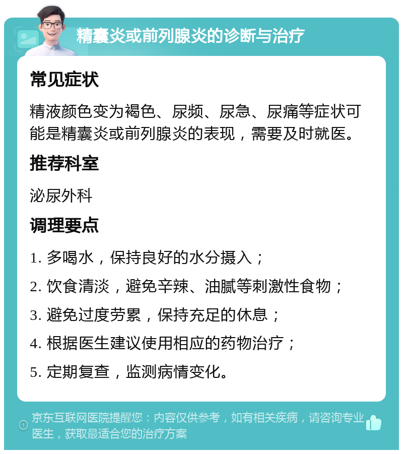 精囊炎或前列腺炎的诊断与治疗 常见症状 精液颜色变为褐色、尿频、尿急、尿痛等症状可能是精囊炎或前列腺炎的表现，需要及时就医。 推荐科室 泌尿外科 调理要点 1. 多喝水，保持良好的水分摄入； 2. 饮食清淡，避免辛辣、油腻等刺激性食物； 3. 避免过度劳累，保持充足的休息； 4. 根据医生建议使用相应的药物治疗； 5. 定期复查，监测病情变化。