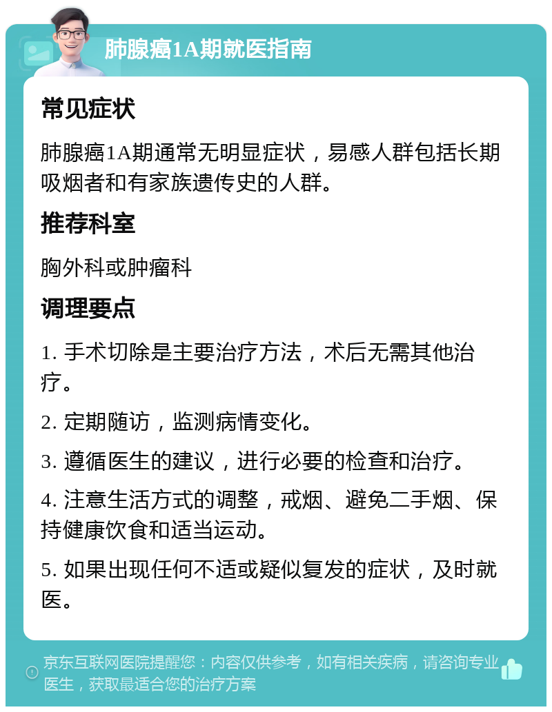 肺腺癌1A期就医指南 常见症状 肺腺癌1A期通常无明显症状，易感人群包括长期吸烟者和有家族遗传史的人群。 推荐科室 胸外科或肿瘤科 调理要点 1. 手术切除是主要治疗方法，术后无需其他治疗。 2. 定期随访，监测病情变化。 3. 遵循医生的建议，进行必要的检查和治疗。 4. 注意生活方式的调整，戒烟、避免二手烟、保持健康饮食和适当运动。 5. 如果出现任何不适或疑似复发的症状，及时就医。