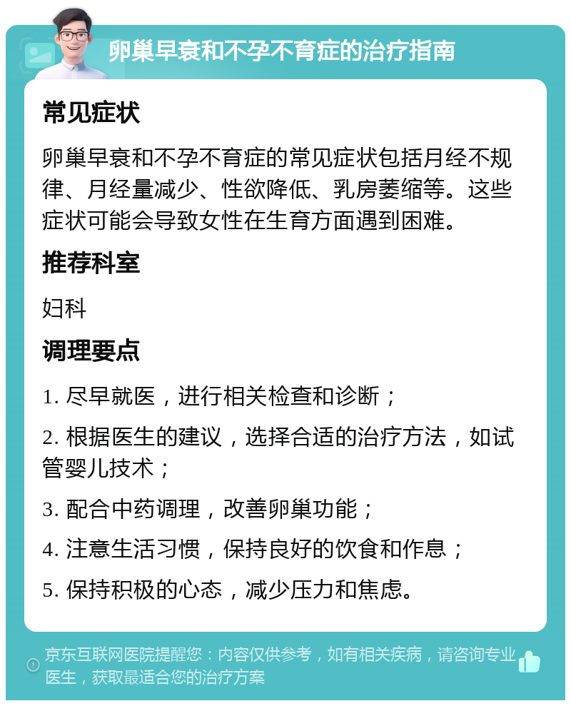 卵巢早衰和不孕不育症的治疗指南 常见症状 卵巢早衰和不孕不育症的常见症状包括月经不规律、月经量减少、性欲降低、乳房萎缩等。这些症状可能会导致女性在生育方面遇到困难。 推荐科室 妇科 调理要点 1. 尽早就医，进行相关检查和诊断； 2. 根据医生的建议，选择合适的治疗方法，如试管婴儿技术； 3. 配合中药调理，改善卵巢功能； 4. 注意生活习惯，保持良好的饮食和作息； 5. 保持积极的心态，减少压力和焦虑。