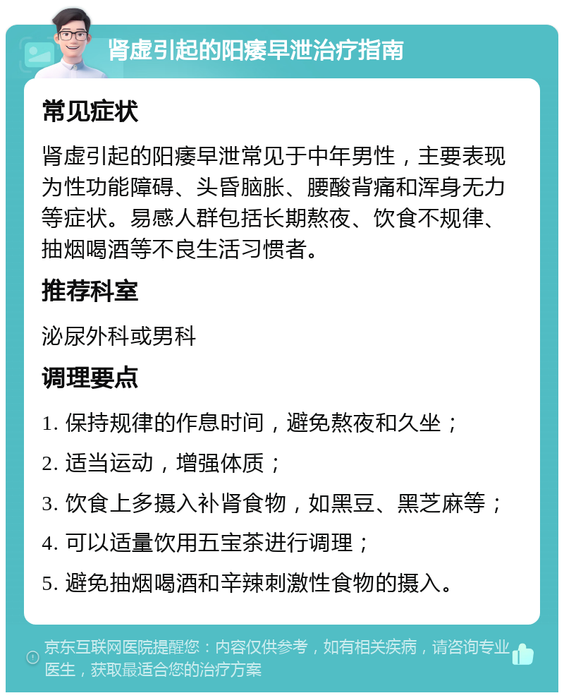 肾虚引起的阳痿早泄治疗指南 常见症状 肾虚引起的阳痿早泄常见于中年男性，主要表现为性功能障碍、头昏脑胀、腰酸背痛和浑身无力等症状。易感人群包括长期熬夜、饮食不规律、抽烟喝酒等不良生活习惯者。 推荐科室 泌尿外科或男科 调理要点 1. 保持规律的作息时间，避免熬夜和久坐； 2. 适当运动，增强体质； 3. 饮食上多摄入补肾食物，如黑豆、黑芝麻等； 4. 可以适量饮用五宝茶进行调理； 5. 避免抽烟喝酒和辛辣刺激性食物的摄入。