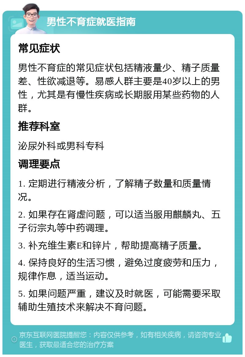 男性不育症就医指南 常见症状 男性不育症的常见症状包括精液量少、精子质量差、性欲减退等。易感人群主要是40岁以上的男性，尤其是有慢性疾病或长期服用某些药物的人群。 推荐科室 泌尿外科或男科专科 调理要点 1. 定期进行精液分析，了解精子数量和质量情况。 2. 如果存在肾虚问题，可以适当服用麒麟丸、五子衍宗丸等中药调理。 3. 补充维生素E和锌片，帮助提高精子质量。 4. 保持良好的生活习惯，避免过度疲劳和压力，规律作息，适当运动。 5. 如果问题严重，建议及时就医，可能需要采取辅助生殖技术来解决不育问题。