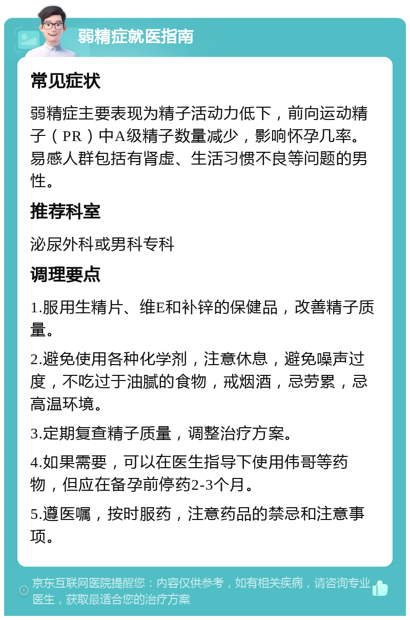 弱精症就医指南 常见症状 弱精症主要表现为精子活动力低下，前向运动精子（PR）中A级精子数量减少，影响怀孕几率。易感人群包括有肾虚、生活习惯不良等问题的男性。 推荐科室 泌尿外科或男科专科 调理要点 1.服用生精片、维E和补锌的保健品，改善精子质量。 2.避免使用各种化学剂，注意休息，避免噪声过度，不吃过于油腻的食物，戒烟酒，忌劳累，忌高温环境。 3.定期复查精子质量，调整治疗方案。 4.如果需要，可以在医生指导下使用伟哥等药物，但应在备孕前停药2-3个月。 5.遵医嘱，按时服药，注意药品的禁忌和注意事项。