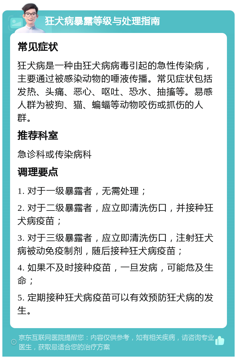 狂犬病暴露等级与处理指南 常见症状 狂犬病是一种由狂犬病病毒引起的急性传染病，主要通过被感染动物的唾液传播。常见症状包括发热、头痛、恶心、呕吐、恐水、抽搐等。易感人群为被狗、猫、蝙蝠等动物咬伤或抓伤的人群。 推荐科室 急诊科或传染病科 调理要点 1. 对于一级暴露者，无需处理； 2. 对于二级暴露者，应立即清洗伤口，并接种狂犬病疫苗； 3. 对于三级暴露者，应立即清洗伤口，注射狂犬病被动免疫制剂，随后接种狂犬病疫苗； 4. 如果不及时接种疫苗，一旦发病，可能危及生命； 5. 定期接种狂犬病疫苗可以有效预防狂犬病的发生。