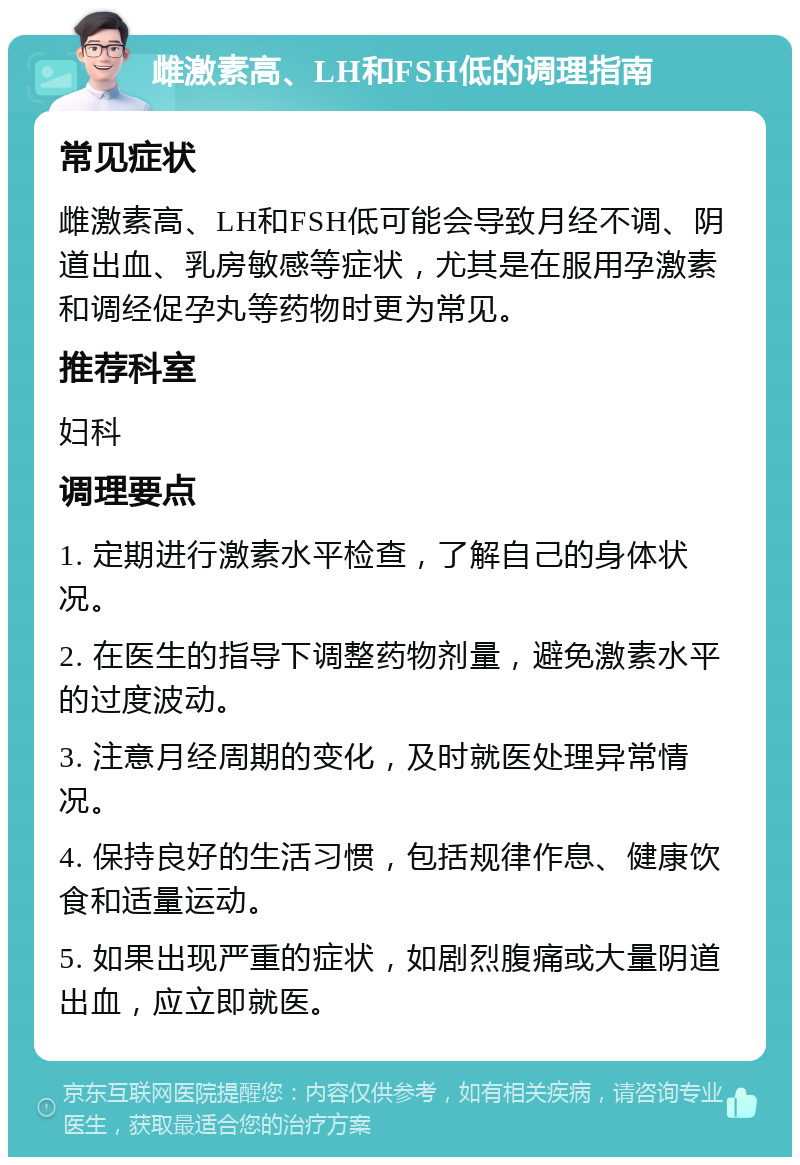 雌激素高、LH和FSH低的调理指南 常见症状 雌激素高、LH和FSH低可能会导致月经不调、阴道出血、乳房敏感等症状，尤其是在服用孕激素和调经促孕丸等药物时更为常见。 推荐科室 妇科 调理要点 1. 定期进行激素水平检查，了解自己的身体状况。 2. 在医生的指导下调整药物剂量，避免激素水平的过度波动。 3. 注意月经周期的变化，及时就医处理异常情况。 4. 保持良好的生活习惯，包括规律作息、健康饮食和适量运动。 5. 如果出现严重的症状，如剧烈腹痛或大量阴道出血，应立即就医。