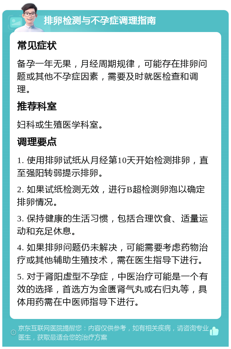 排卵检测与不孕症调理指南 常见症状 备孕一年无果，月经周期规律，可能存在排卵问题或其他不孕症因素，需要及时就医检查和调理。 推荐科室 妇科或生殖医学科室。 调理要点 1. 使用排卵试纸从月经第10天开始检测排卵，直至强阳转弱提示排卵。 2. 如果试纸检测无效，进行B超检测卵泡以确定排卵情况。 3. 保持健康的生活习惯，包括合理饮食、适量运动和充足休息。 4. 如果排卵问题仍未解决，可能需要考虑药物治疗或其他辅助生殖技术，需在医生指导下进行。 5. 对于肾阳虚型不孕症，中医治疗可能是一个有效的选择，首选方为金匮肾气丸或右归丸等，具体用药需在中医师指导下进行。