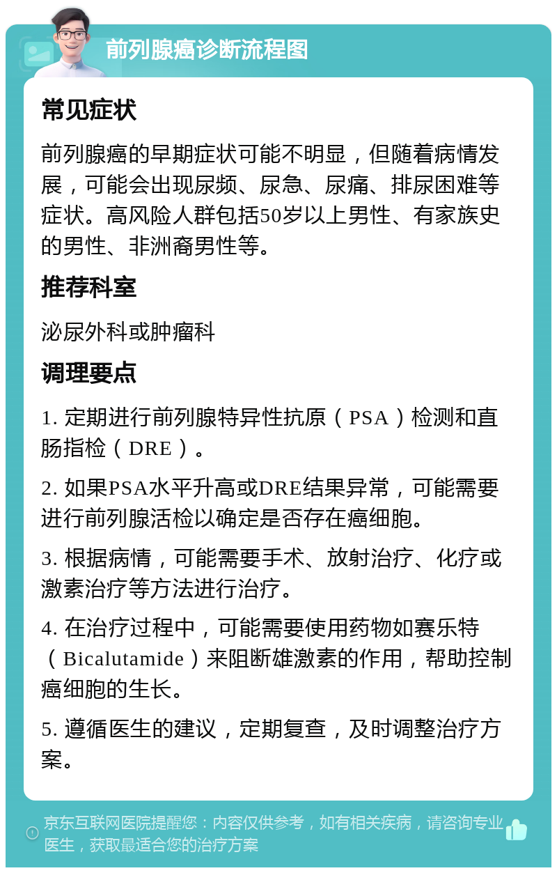 前列腺癌诊断流程图 常见症状 前列腺癌的早期症状可能不明显，但随着病情发展，可能会出现尿频、尿急、尿痛、排尿困难等症状。高风险人群包括50岁以上男性、有家族史的男性、非洲裔男性等。 推荐科室 泌尿外科或肿瘤科 调理要点 1. 定期进行前列腺特异性抗原（PSA）检测和直肠指检（DRE）。 2. 如果PSA水平升高或DRE结果异常，可能需要进行前列腺活检以确定是否存在癌细胞。 3. 根据病情，可能需要手术、放射治疗、化疗或激素治疗等方法进行治疗。 4. 在治疗过程中，可能需要使用药物如赛乐特（Bicalutamide）来阻断雄激素的作用，帮助控制癌细胞的生长。 5. 遵循医生的建议，定期复查，及时调整治疗方案。