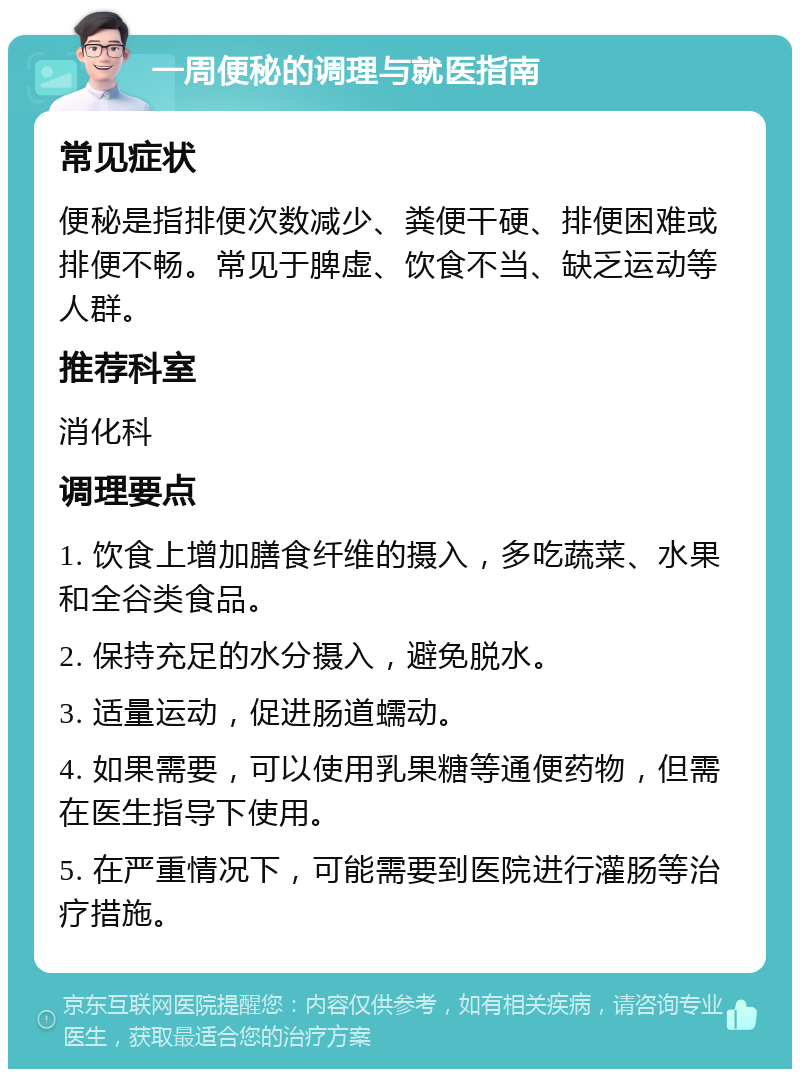 一周便秘的调理与就医指南 常见症状 便秘是指排便次数减少、粪便干硬、排便困难或排便不畅。常见于脾虚、饮食不当、缺乏运动等人群。 推荐科室 消化科 调理要点 1. 饮食上增加膳食纤维的摄入，多吃蔬菜、水果和全谷类食品。 2. 保持充足的水分摄入，避免脱水。 3. 适量运动，促进肠道蠕动。 4. 如果需要，可以使用乳果糖等通便药物，但需在医生指导下使用。 5. 在严重情况下，可能需要到医院进行灌肠等治疗措施。