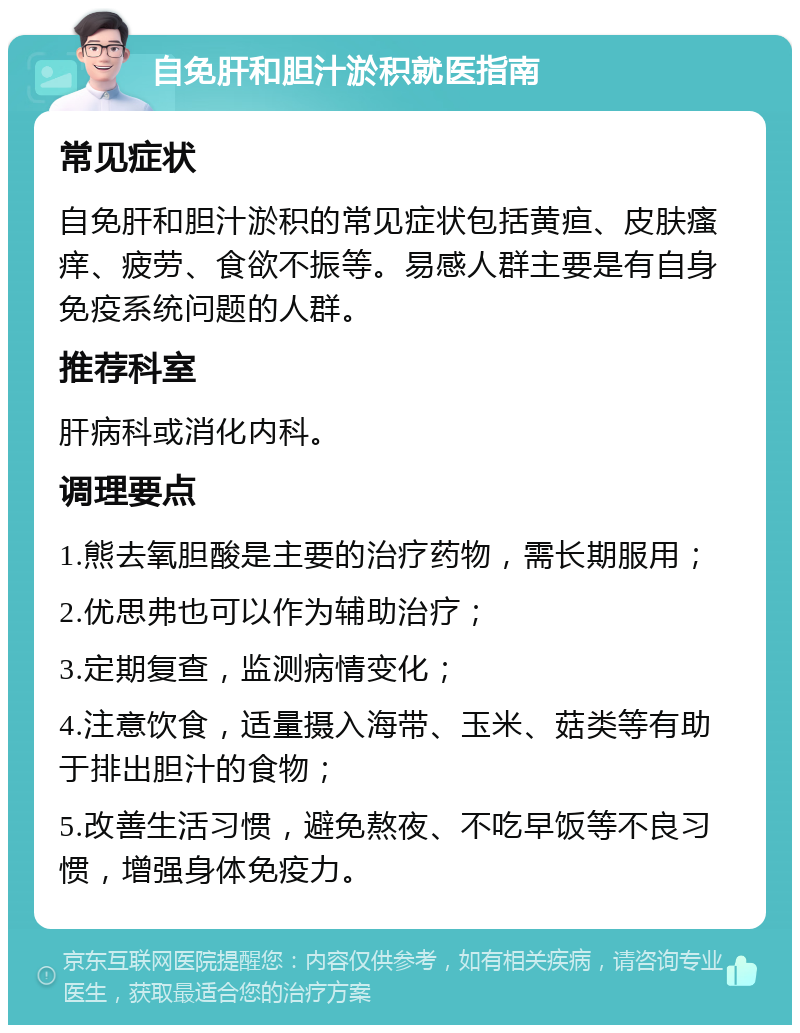 自免肝和胆汁淤积就医指南 常见症状 自免肝和胆汁淤积的常见症状包括黄疸、皮肤瘙痒、疲劳、食欲不振等。易感人群主要是有自身免疫系统问题的人群。 推荐科室 肝病科或消化内科。 调理要点 1.熊去氧胆酸是主要的治疗药物，需长期服用； 2.优思弗也可以作为辅助治疗； 3.定期复查，监测病情变化； 4.注意饮食，适量摄入海带、玉米、菇类等有助于排出胆汁的食物； 5.改善生活习惯，避免熬夜、不吃早饭等不良习惯，增强身体免疫力。