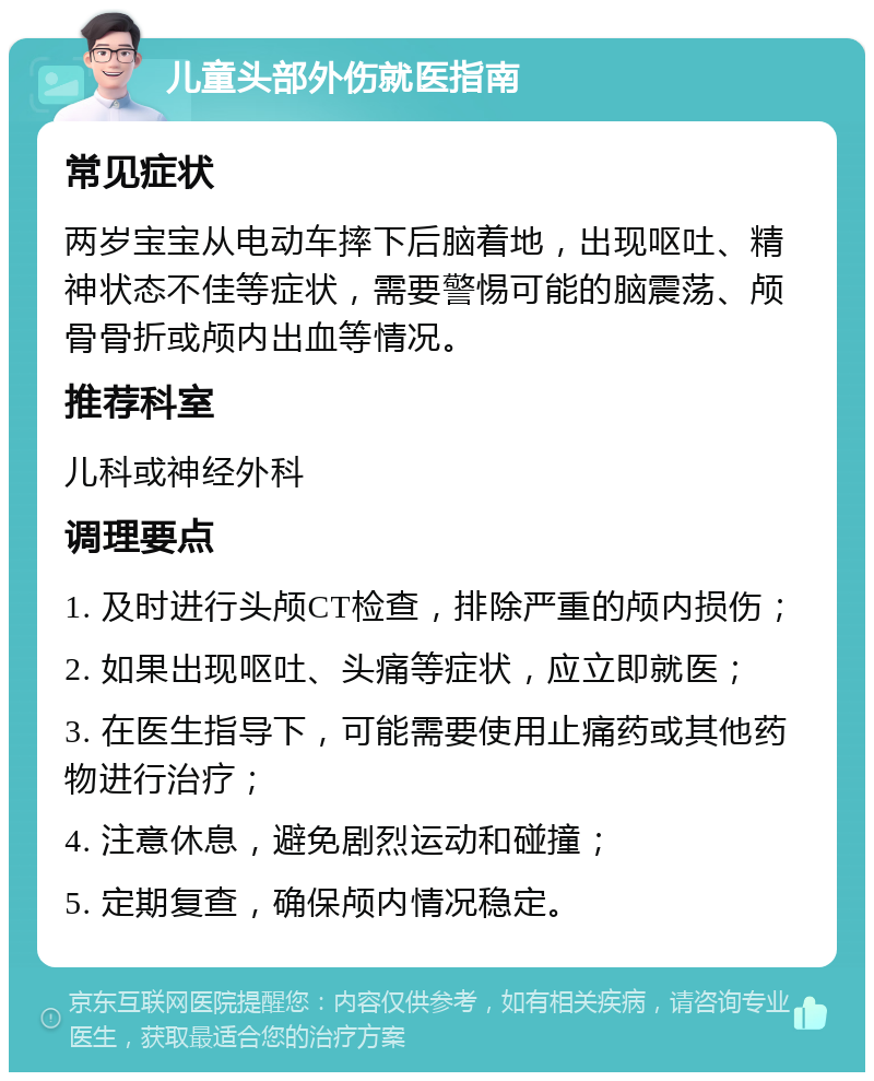 儿童头部外伤就医指南 常见症状 两岁宝宝从电动车摔下后脑着地，出现呕吐、精神状态不佳等症状，需要警惕可能的脑震荡、颅骨骨折或颅内出血等情况。 推荐科室 儿科或神经外科 调理要点 1. 及时进行头颅CT检查，排除严重的颅内损伤； 2. 如果出现呕吐、头痛等症状，应立即就医； 3. 在医生指导下，可能需要使用止痛药或其他药物进行治疗； 4. 注意休息，避免剧烈运动和碰撞； 5. 定期复查，确保颅内情况稳定。