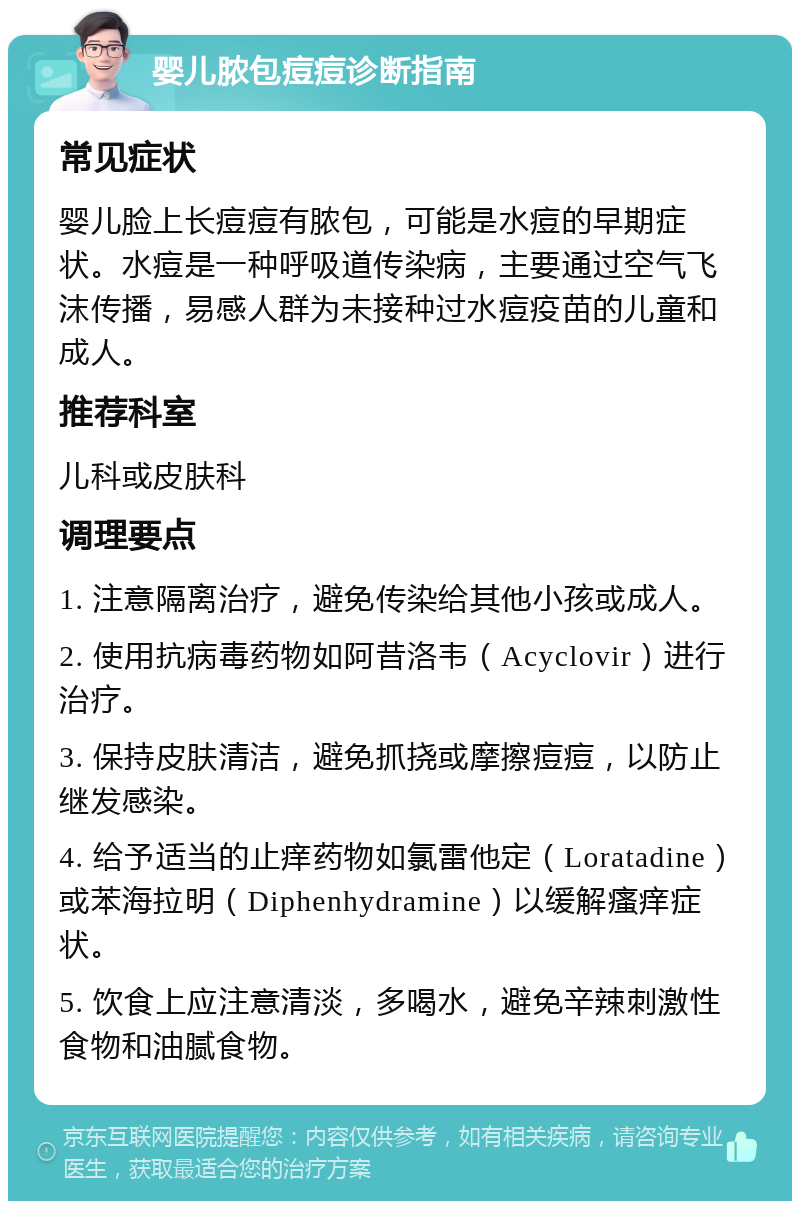 婴儿脓包痘痘诊断指南 常见症状 婴儿脸上长痘痘有脓包，可能是水痘的早期症状。水痘是一种呼吸道传染病，主要通过空气飞沫传播，易感人群为未接种过水痘疫苗的儿童和成人。 推荐科室 儿科或皮肤科 调理要点 1. 注意隔离治疗，避免传染给其他小孩或成人。 2. 使用抗病毒药物如阿昔洛韦（Acyclovir）进行治疗。 3. 保持皮肤清洁，避免抓挠或摩擦痘痘，以防止继发感染。 4. 给予适当的止痒药物如氯雷他定（Loratadine）或苯海拉明（Diphenhydramine）以缓解瘙痒症状。 5. 饮食上应注意清淡，多喝水，避免辛辣刺激性食物和油腻食物。