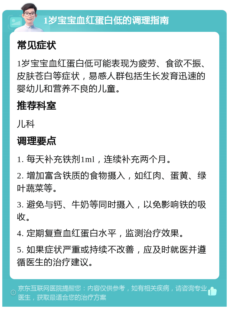 1岁宝宝血红蛋白低的调理指南 常见症状 1岁宝宝血红蛋白低可能表现为疲劳、食欲不振、皮肤苍白等症状，易感人群包括生长发育迅速的婴幼儿和营养不良的儿童。 推荐科室 儿科 调理要点 1. 每天补充铁剂1ml，连续补充两个月。 2. 增加富含铁质的食物摄入，如红肉、蛋黄、绿叶蔬菜等。 3. 避免与钙、牛奶等同时摄入，以免影响铁的吸收。 4. 定期复查血红蛋白水平，监测治疗效果。 5. 如果症状严重或持续不改善，应及时就医并遵循医生的治疗建议。