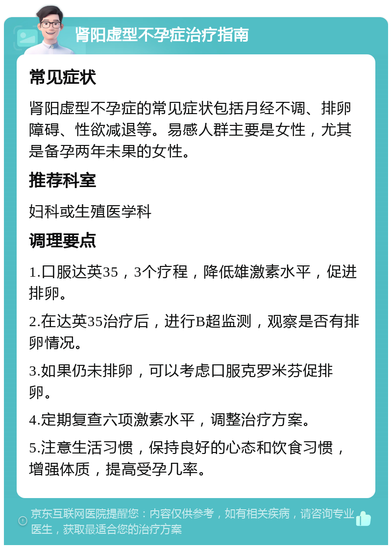 肾阳虚型不孕症治疗指南 常见症状 肾阳虚型不孕症的常见症状包括月经不调、排卵障碍、性欲减退等。易感人群主要是女性，尤其是备孕两年未果的女性。 推荐科室 妇科或生殖医学科 调理要点 1.口服达英35，3个疗程，降低雄激素水平，促进排卵。 2.在达英35治疗后，进行B超监测，观察是否有排卵情况。 3.如果仍未排卵，可以考虑口服克罗米芬促排卵。 4.定期复查六项激素水平，调整治疗方案。 5.注意生活习惯，保持良好的心态和饮食习惯，增强体质，提高受孕几率。