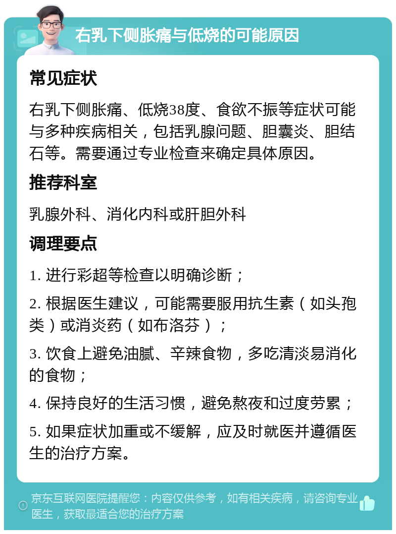 右乳下侧胀痛与低烧的可能原因 常见症状 右乳下侧胀痛、低烧38度、食欲不振等症状可能与多种疾病相关，包括乳腺问题、胆囊炎、胆结石等。需要通过专业检查来确定具体原因。 推荐科室 乳腺外科、消化内科或肝胆外科 调理要点 1. 进行彩超等检查以明确诊断； 2. 根据医生建议，可能需要服用抗生素（如头孢类）或消炎药（如布洛芬）； 3. 饮食上避免油腻、辛辣食物，多吃清淡易消化的食物； 4. 保持良好的生活习惯，避免熬夜和过度劳累； 5. 如果症状加重或不缓解，应及时就医并遵循医生的治疗方案。