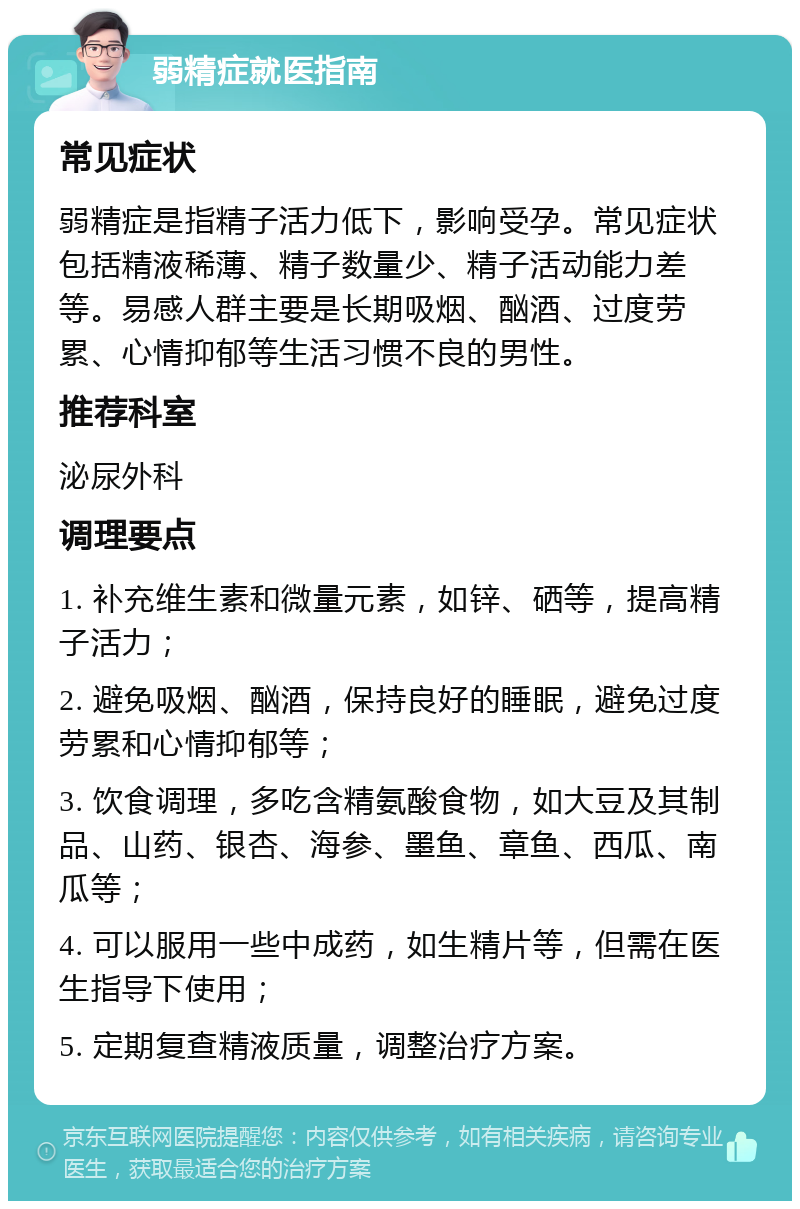 弱精症就医指南 常见症状 弱精症是指精子活力低下，影响受孕。常见症状包括精液稀薄、精子数量少、精子活动能力差等。易感人群主要是长期吸烟、酗酒、过度劳累、心情抑郁等生活习惯不良的男性。 推荐科室 泌尿外科 调理要点 1. 补充维生素和微量元素，如锌、硒等，提高精子活力； 2. 避免吸烟、酗酒，保持良好的睡眠，避免过度劳累和心情抑郁等； 3. 饮食调理，多吃含精氨酸食物，如大豆及其制品、山药、银杏、海参、墨鱼、章鱼、西瓜、南瓜等； 4. 可以服用一些中成药，如生精片等，但需在医生指导下使用； 5. 定期复查精液质量，调整治疗方案。