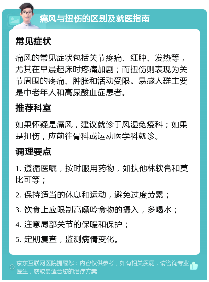 痛风与扭伤的区别及就医指南 常见症状 痛风的常见症状包括关节疼痛、红肿、发热等，尤其在早晨起床时疼痛加剧；而扭伤则表现为关节周围的疼痛、肿胀和活动受限。易感人群主要是中老年人和高尿酸血症患者。 推荐科室 如果怀疑是痛风，建议就诊于风湿免疫科；如果是扭伤，应前往骨科或运动医学科就诊。 调理要点 1. 遵循医嘱，按时服用药物，如扶他林软膏和莫比可等； 2. 保持适当的休息和运动，避免过度劳累； 3. 饮食上应限制高嘌呤食物的摄入，多喝水； 4. 注意局部关节的保暖和保护； 5. 定期复查，监测病情变化。