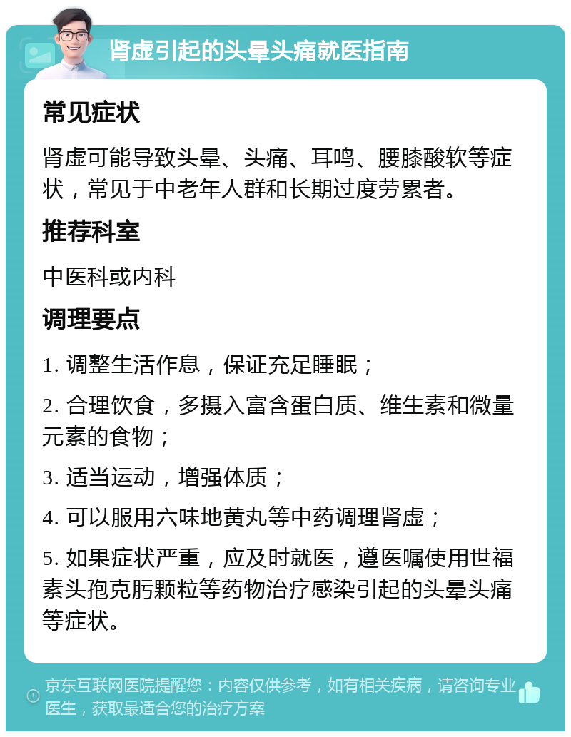 肾虚引起的头晕头痛就医指南 常见症状 肾虚可能导致头晕、头痛、耳鸣、腰膝酸软等症状，常见于中老年人群和长期过度劳累者。 推荐科室 中医科或内科 调理要点 1. 调整生活作息，保证充足睡眠； 2. 合理饮食，多摄入富含蛋白质、维生素和微量元素的食物； 3. 适当运动，增强体质； 4. 可以服用六味地黄丸等中药调理肾虚； 5. 如果症状严重，应及时就医，遵医嘱使用世福素头孢克肟颗粒等药物治疗感染引起的头晕头痛等症状。