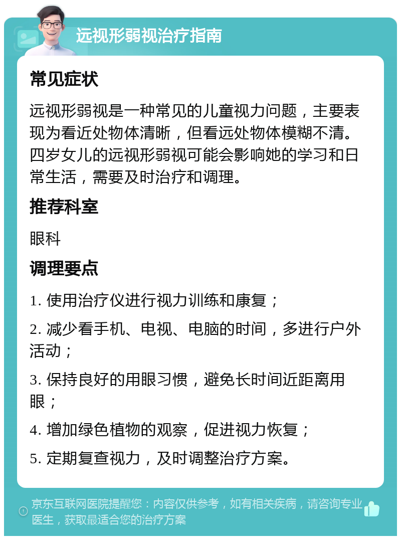 远视形弱视治疗指南 常见症状 远视形弱视是一种常见的儿童视力问题，主要表现为看近处物体清晰，但看远处物体模糊不清。四岁女儿的远视形弱视可能会影响她的学习和日常生活，需要及时治疗和调理。 推荐科室 眼科 调理要点 1. 使用治疗仪进行视力训练和康复； 2. 减少看手机、电视、电脑的时间，多进行户外活动； 3. 保持良好的用眼习惯，避免长时间近距离用眼； 4. 增加绿色植物的观察，促进视力恢复； 5. 定期复查视力，及时调整治疗方案。