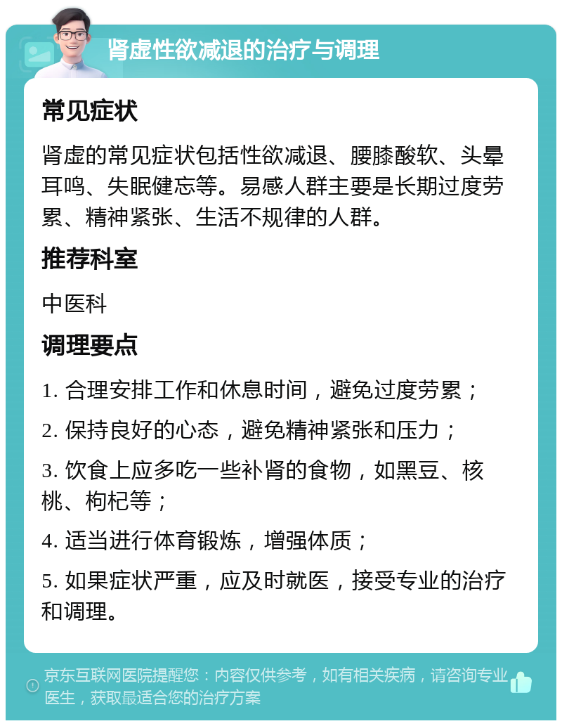 肾虚性欲减退的治疗与调理 常见症状 肾虚的常见症状包括性欲减退、腰膝酸软、头晕耳鸣、失眠健忘等。易感人群主要是长期过度劳累、精神紧张、生活不规律的人群。 推荐科室 中医科 调理要点 1. 合理安排工作和休息时间，避免过度劳累； 2. 保持良好的心态，避免精神紧张和压力； 3. 饮食上应多吃一些补肾的食物，如黑豆、核桃、枸杞等； 4. 适当进行体育锻炼，增强体质； 5. 如果症状严重，应及时就医，接受专业的治疗和调理。