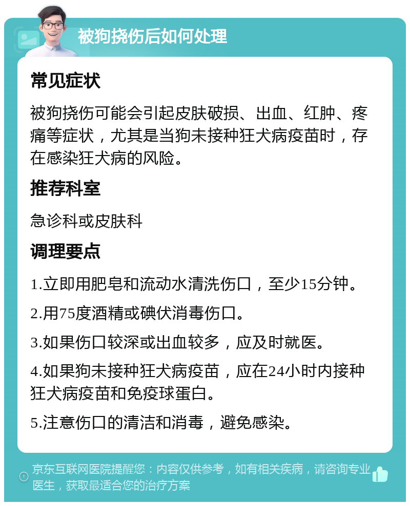 被狗挠伤后如何处理 常见症状 被狗挠伤可能会引起皮肤破损、出血、红肿、疼痛等症状，尤其是当狗未接种狂犬病疫苗时，存在感染狂犬病的风险。 推荐科室 急诊科或皮肤科 调理要点 1.立即用肥皂和流动水清洗伤口，至少15分钟。 2.用75度酒精或碘伏消毒伤口。 3.如果伤口较深或出血较多，应及时就医。 4.如果狗未接种狂犬病疫苗，应在24小时内接种狂犬病疫苗和免疫球蛋白。 5.注意伤口的清洁和消毒，避免感染。