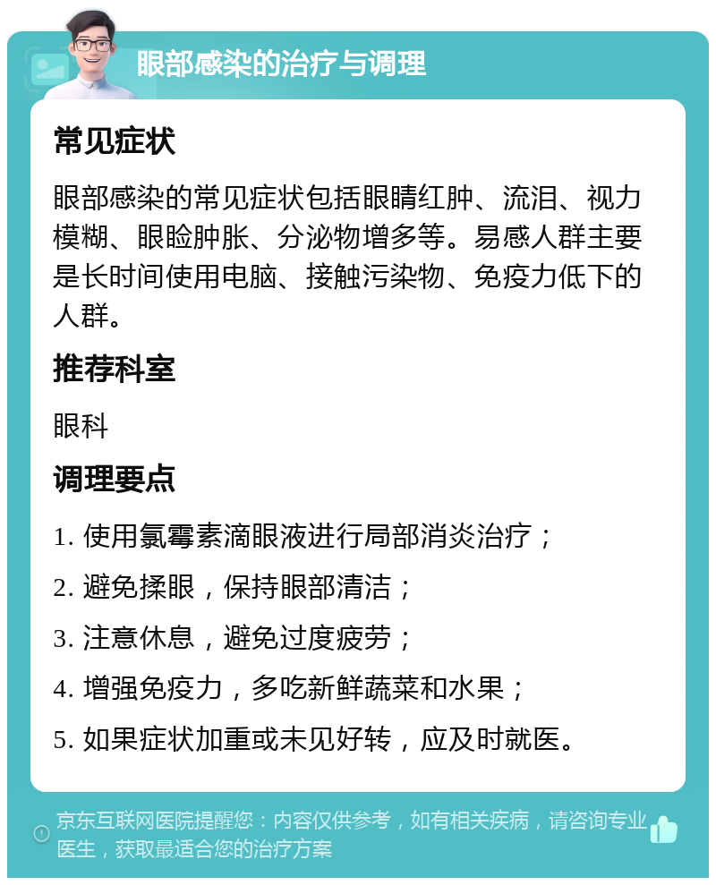 眼部感染的治疗与调理 常见症状 眼部感染的常见症状包括眼睛红肿、流泪、视力模糊、眼睑肿胀、分泌物增多等。易感人群主要是长时间使用电脑、接触污染物、免疫力低下的人群。 推荐科室 眼科 调理要点 1. 使用氯霉素滴眼液进行局部消炎治疗； 2. 避免揉眼，保持眼部清洁； 3. 注意休息，避免过度疲劳； 4. 增强免疫力，多吃新鲜蔬菜和水果； 5. 如果症状加重或未见好转，应及时就医。