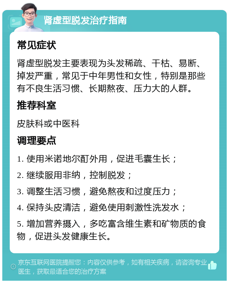 肾虚型脱发治疗指南 常见症状 肾虚型脱发主要表现为头发稀疏、干枯、易断、掉发严重，常见于中年男性和女性，特别是那些有不良生活习惯、长期熬夜、压力大的人群。 推荐科室 皮肤科或中医科 调理要点 1. 使用米诺地尔酊外用，促进毛囊生长； 2. 继续服用非纳，控制脱发； 3. 调整生活习惯，避免熬夜和过度压力； 4. 保持头皮清洁，避免使用刺激性洗发水； 5. 增加营养摄入，多吃富含维生素和矿物质的食物，促进头发健康生长。