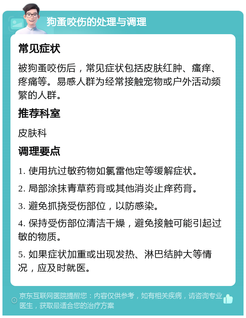 狗蚤咬伤的处理与调理 常见症状 被狗蚤咬伤后，常见症状包括皮肤红肿、瘙痒、疼痛等。易感人群为经常接触宠物或户外活动频繁的人群。 推荐科室 皮肤科 调理要点 1. 使用抗过敏药物如氯雷他定等缓解症状。 2. 局部涂抹青草药膏或其他消炎止痒药膏。 3. 避免抓挠受伤部位，以防感染。 4. 保持受伤部位清洁干燥，避免接触可能引起过敏的物质。 5. 如果症状加重或出现发热、淋巴结肿大等情况，应及时就医。