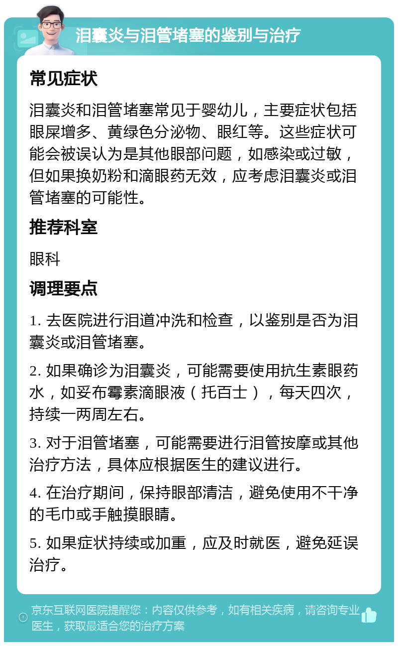 泪囊炎与泪管堵塞的鉴别与治疗 常见症状 泪囊炎和泪管堵塞常见于婴幼儿，主要症状包括眼屎增多、黄绿色分泌物、眼红等。这些症状可能会被误认为是其他眼部问题，如感染或过敏，但如果换奶粉和滴眼药无效，应考虑泪囊炎或泪管堵塞的可能性。 推荐科室 眼科 调理要点 1. 去医院进行泪道冲洗和检查，以鉴别是否为泪囊炎或泪管堵塞。 2. 如果确诊为泪囊炎，可能需要使用抗生素眼药水，如妥布霉素滴眼液（托百士），每天四次，持续一两周左右。 3. 对于泪管堵塞，可能需要进行泪管按摩或其他治疗方法，具体应根据医生的建议进行。 4. 在治疗期间，保持眼部清洁，避免使用不干净的毛巾或手触摸眼睛。 5. 如果症状持续或加重，应及时就医，避免延误治疗。