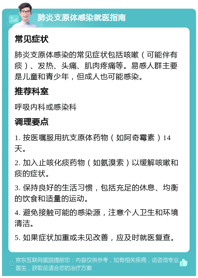 肺炎支原体感染就医指南 常见症状 肺炎支原体感染的常见症状包括咳嗽（可能伴有痰）、发热、头痛、肌肉疼痛等。易感人群主要是儿童和青少年，但成人也可能感染。 推荐科室 呼吸内科或感染科 调理要点 1. 按医嘱服用抗支原体药物（如阿奇霉素）14天。 2. 加入止咳化痰药物（如氨溴索）以缓解咳嗽和痰的症状。 3. 保持良好的生活习惯，包括充足的休息、均衡的饮食和适量的运动。 4. 避免接触可能的感染源，注意个人卫生和环境清洁。 5. 如果症状加重或未见改善，应及时就医复查。