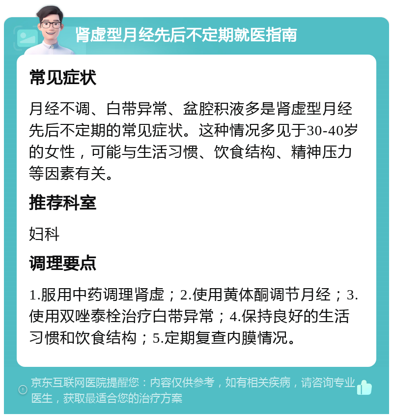 肾虚型月经先后不定期就医指南 常见症状 月经不调、白带异常、盆腔积液多是肾虚型月经先后不定期的常见症状。这种情况多见于30-40岁的女性，可能与生活习惯、饮食结构、精神压力等因素有关。 推荐科室 妇科 调理要点 1.服用中药调理肾虚；2.使用黄体酮调节月经；3.使用双唑泰栓治疗白带异常；4.保持良好的生活习惯和饮食结构；5.定期复查内膜情况。