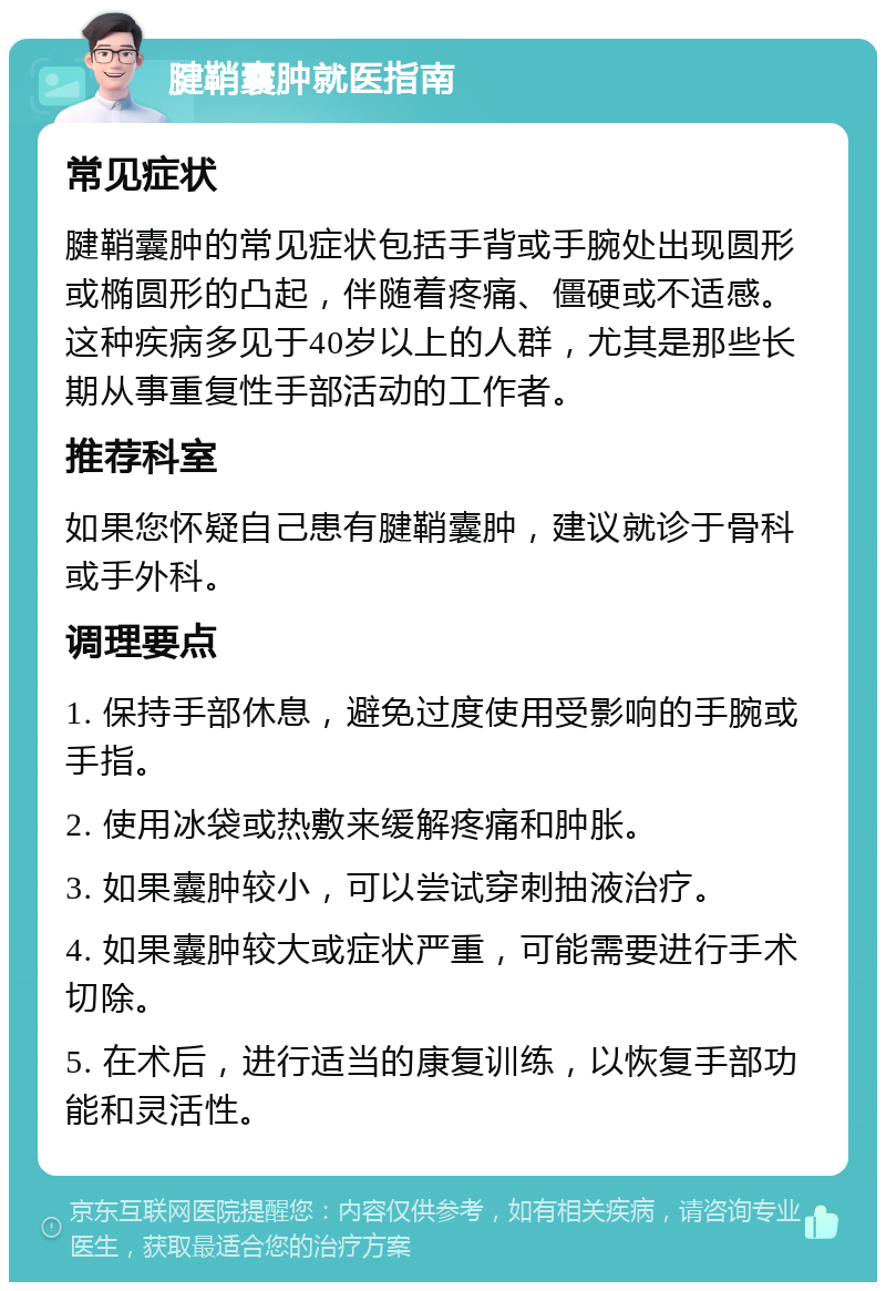 腱鞘囊肿就医指南 常见症状 腱鞘囊肿的常见症状包括手背或手腕处出现圆形或椭圆形的凸起，伴随着疼痛、僵硬或不适感。这种疾病多见于40岁以上的人群，尤其是那些长期从事重复性手部活动的工作者。 推荐科室 如果您怀疑自己患有腱鞘囊肿，建议就诊于骨科或手外科。 调理要点 1. 保持手部休息，避免过度使用受影响的手腕或手指。 2. 使用冰袋或热敷来缓解疼痛和肿胀。 3. 如果囊肿较小，可以尝试穿刺抽液治疗。 4. 如果囊肿较大或症状严重，可能需要进行手术切除。 5. 在术后，进行适当的康复训练，以恢复手部功能和灵活性。