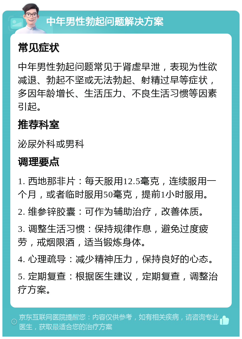 中年男性勃起问题解决方案 常见症状 中年男性勃起问题常见于肾虚早泄，表现为性欲减退、勃起不坚或无法勃起、射精过早等症状，多因年龄增长、生活压力、不良生活习惯等因素引起。 推荐科室 泌尿外科或男科 调理要点 1. 西地那非片：每天服用12.5毫克，连续服用一个月，或者临时服用50毫克，提前1小时服用。 2. 维参锌胶囊：可作为辅助治疗，改善体质。 3. 调整生活习惯：保持规律作息，避免过度疲劳，戒烟限酒，适当锻炼身体。 4. 心理疏导：减少精神压力，保持良好的心态。 5. 定期复查：根据医生建议，定期复查，调整治疗方案。