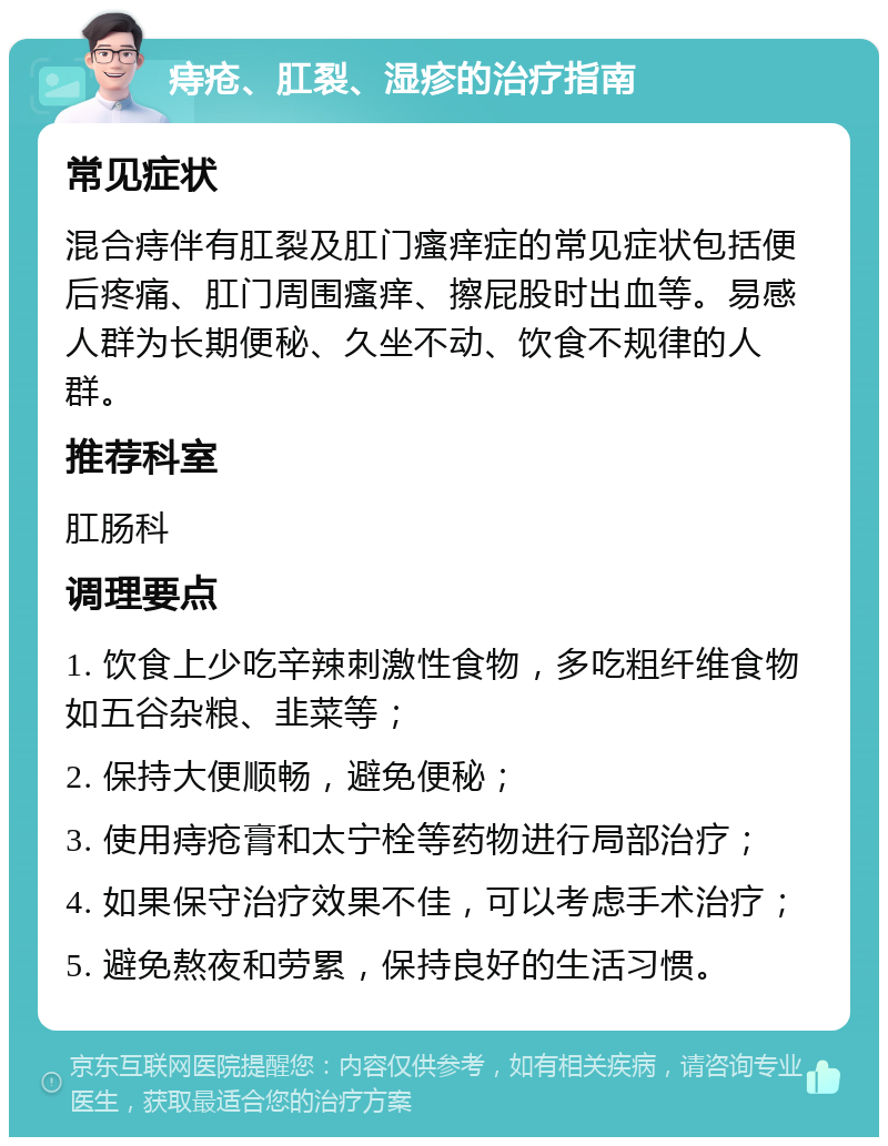 痔疮、肛裂、湿疹的治疗指南 常见症状 混合痔伴有肛裂及肛门瘙痒症的常见症状包括便后疼痛、肛门周围瘙痒、擦屁股时出血等。易感人群为长期便秘、久坐不动、饮食不规律的人群。 推荐科室 肛肠科 调理要点 1. 饮食上少吃辛辣刺激性食物，多吃粗纤维食物如五谷杂粮、韭菜等； 2. 保持大便顺畅，避免便秘； 3. 使用痔疮膏和太宁栓等药物进行局部治疗； 4. 如果保守治疗效果不佳，可以考虑手术治疗； 5. 避免熬夜和劳累，保持良好的生活习惯。