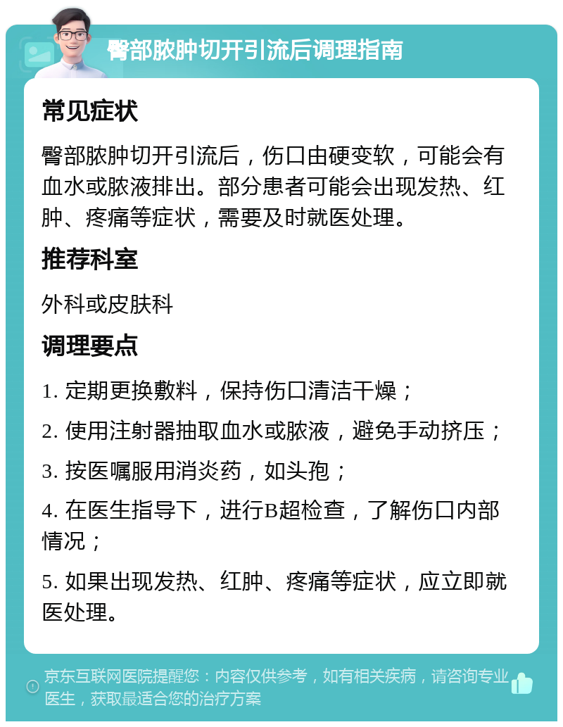 臀部脓肿切开引流后调理指南 常见症状 臀部脓肿切开引流后，伤口由硬变软，可能会有血水或脓液排出。部分患者可能会出现发热、红肿、疼痛等症状，需要及时就医处理。 推荐科室 外科或皮肤科 调理要点 1. 定期更换敷料，保持伤口清洁干燥； 2. 使用注射器抽取血水或脓液，避免手动挤压； 3. 按医嘱服用消炎药，如头孢； 4. 在医生指导下，进行B超检查，了解伤口内部情况； 5. 如果出现发热、红肿、疼痛等症状，应立即就医处理。