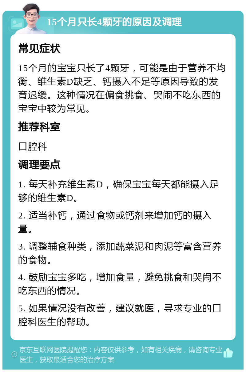 15个月只长4颗牙的原因及调理 常见症状 15个月的宝宝只长了4颗牙，可能是由于营养不均衡、维生素D缺乏、钙摄入不足等原因导致的发育迟缓。这种情况在偏食挑食、哭闹不吃东西的宝宝中较为常见。 推荐科室 口腔科 调理要点 1. 每天补充维生素D，确保宝宝每天都能摄入足够的维生素D。 2. 适当补钙，通过食物或钙剂来增加钙的摄入量。 3. 调整辅食种类，添加蔬菜泥和肉泥等富含营养的食物。 4. 鼓励宝宝多吃，增加食量，避免挑食和哭闹不吃东西的情况。 5. 如果情况没有改善，建议就医，寻求专业的口腔科医生的帮助。