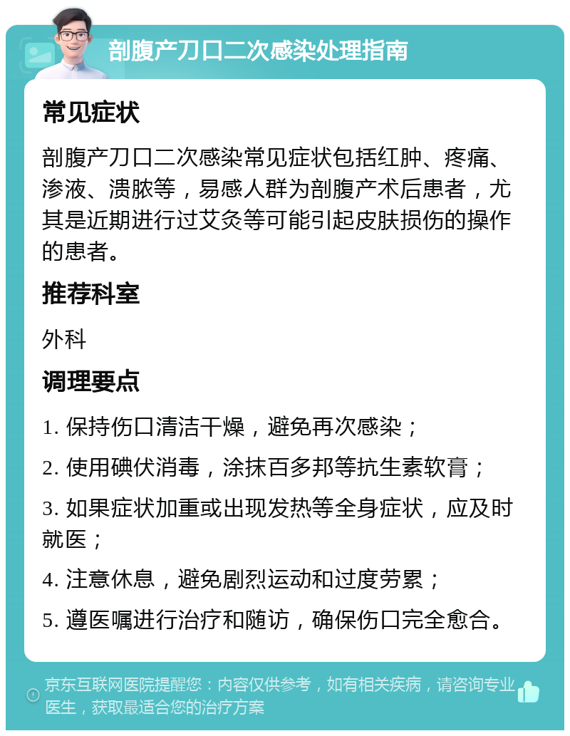 剖腹产刀口二次感染处理指南 常见症状 剖腹产刀口二次感染常见症状包括红肿、疼痛、渗液、溃脓等，易感人群为剖腹产术后患者，尤其是近期进行过艾灸等可能引起皮肤损伤的操作的患者。 推荐科室 外科 调理要点 1. 保持伤口清洁干燥，避免再次感染； 2. 使用碘伏消毒，涂抹百多邦等抗生素软膏； 3. 如果症状加重或出现发热等全身症状，应及时就医； 4. 注意休息，避免剧烈运动和过度劳累； 5. 遵医嘱进行治疗和随访，确保伤口完全愈合。