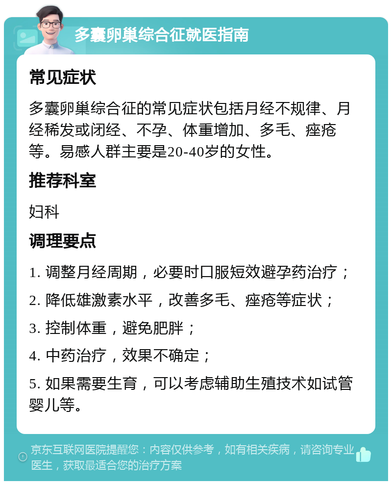 多囊卵巢综合征就医指南 常见症状 多囊卵巢综合征的常见症状包括月经不规律、月经稀发或闭经、不孕、体重增加、多毛、痤疮等。易感人群主要是20-40岁的女性。 推荐科室 妇科 调理要点 1. 调整月经周期，必要时口服短效避孕药治疗； 2. 降低雄激素水平，改善多毛、痤疮等症状； 3. 控制体重，避免肥胖； 4. 中药治疗，效果不确定； 5. 如果需要生育，可以考虑辅助生殖技术如试管婴儿等。