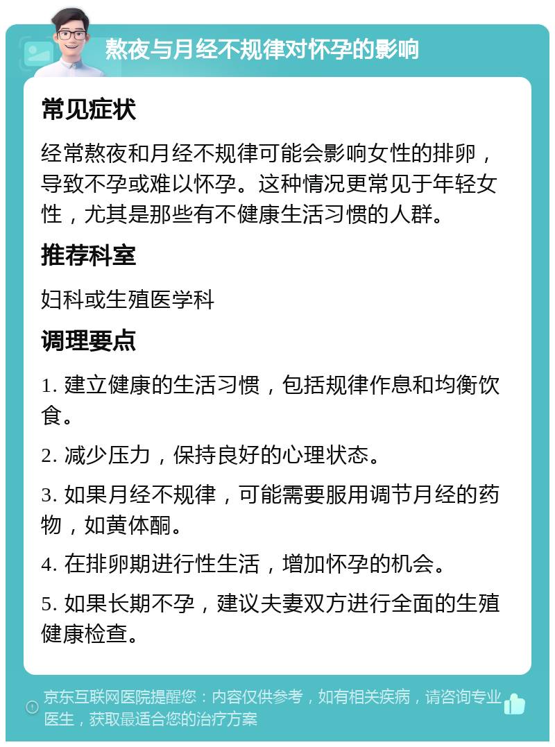 熬夜与月经不规律对怀孕的影响 常见症状 经常熬夜和月经不规律可能会影响女性的排卵，导致不孕或难以怀孕。这种情况更常见于年轻女性，尤其是那些有不健康生活习惯的人群。 推荐科室 妇科或生殖医学科 调理要点 1. 建立健康的生活习惯，包括规律作息和均衡饮食。 2. 减少压力，保持良好的心理状态。 3. 如果月经不规律，可能需要服用调节月经的药物，如黄体酮。 4. 在排卵期进行性生活，增加怀孕的机会。 5. 如果长期不孕，建议夫妻双方进行全面的生殖健康检查。