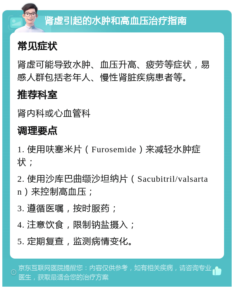 肾虚引起的水肿和高血压治疗指南 常见症状 肾虚可能导致水肿、血压升高、疲劳等症状，易感人群包括老年人、慢性肾脏疾病患者等。 推荐科室 肾内科或心血管科 调理要点 1. 使用呋塞米片（Furosemide）来减轻水肿症状； 2. 使用沙库巴曲缬沙坦纳片（Sacubitril/valsartan）来控制高血压； 3. 遵循医嘱，按时服药； 4. 注意饮食，限制钠盐摄入； 5. 定期复查，监测病情变化。