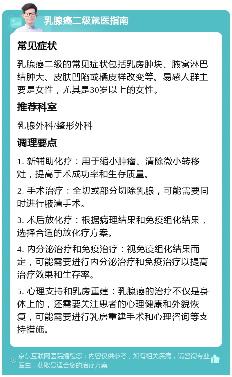 乳腺癌二级就医指南 常见症状 乳腺癌二级的常见症状包括乳房肿块、腋窝淋巴结肿大、皮肤凹陷或橘皮样改变等。易感人群主要是女性，尤其是30岁以上的女性。 推荐科室 乳腺外科/整形外科 调理要点 1. 新辅助化疗：用于缩小肿瘤、清除微小转移灶，提高手术成功率和生存质量。 2. 手术治疗：全切或部分切除乳腺，可能需要同时进行腋清手术。 3. 术后放化疗：根据病理结果和免疫组化结果，选择合适的放化疗方案。 4. 内分泌治疗和免疫治疗：视免疫组化结果而定，可能需要进行内分泌治疗和免疫治疗以提高治疗效果和生存率。 5. 心理支持和乳房重建：乳腺癌的治疗不仅是身体上的，还需要关注患者的心理健康和外貌恢复，可能需要进行乳房重建手术和心理咨询等支持措施。