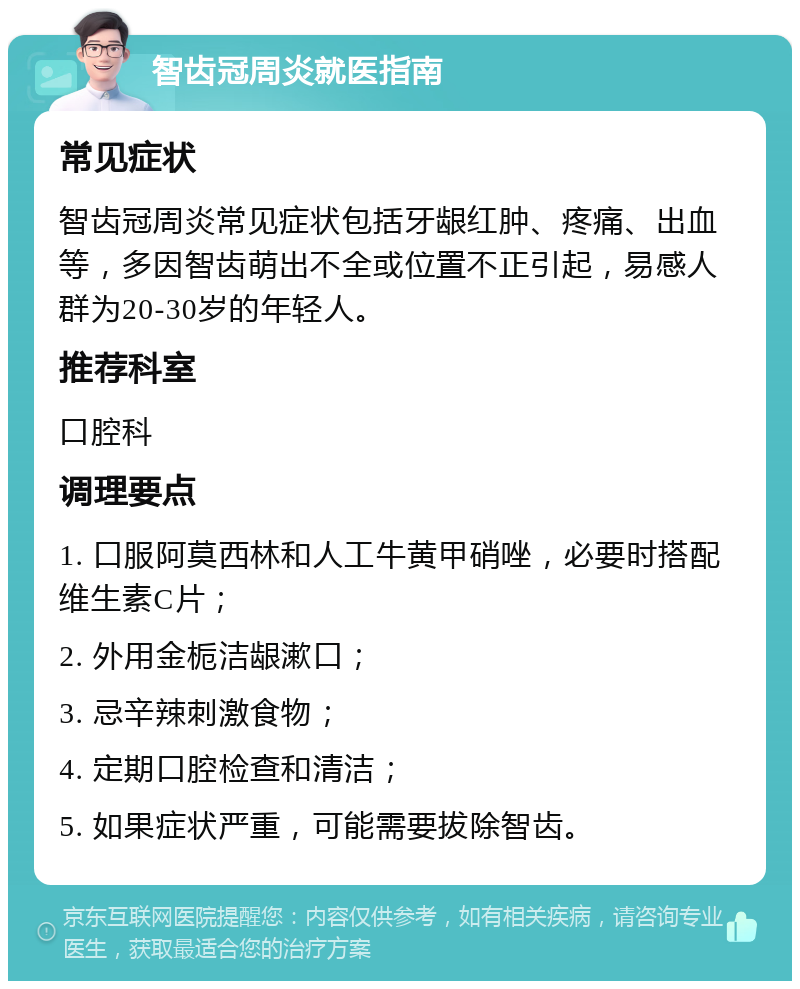 智齿冠周炎就医指南 常见症状 智齿冠周炎常见症状包括牙龈红肿、疼痛、出血等，多因智齿萌出不全或位置不正引起，易感人群为20-30岁的年轻人。 推荐科室 口腔科 调理要点 1. 口服阿莫西林和人工牛黄甲硝唑，必要时搭配维生素C片； 2. 外用金栀洁龈漱口； 3. 忌辛辣刺激食物； 4. 定期口腔检查和清洁； 5. 如果症状严重，可能需要拔除智齿。