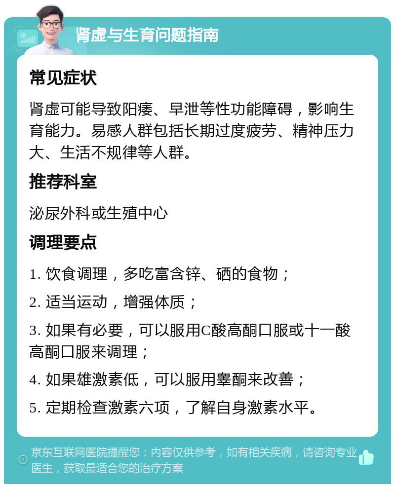 肾虚与生育问题指南 常见症状 肾虚可能导致阳痿、早泄等性功能障碍，影响生育能力。易感人群包括长期过度疲劳、精神压力大、生活不规律等人群。 推荐科室 泌尿外科或生殖中心 调理要点 1. 饮食调理，多吃富含锌、硒的食物； 2. 适当运动，增强体质； 3. 如果有必要，可以服用C酸高酮口服或十一酸高酮口服来调理； 4. 如果雄激素低，可以服用睾酮来改善； 5. 定期检查激素六项，了解自身激素水平。