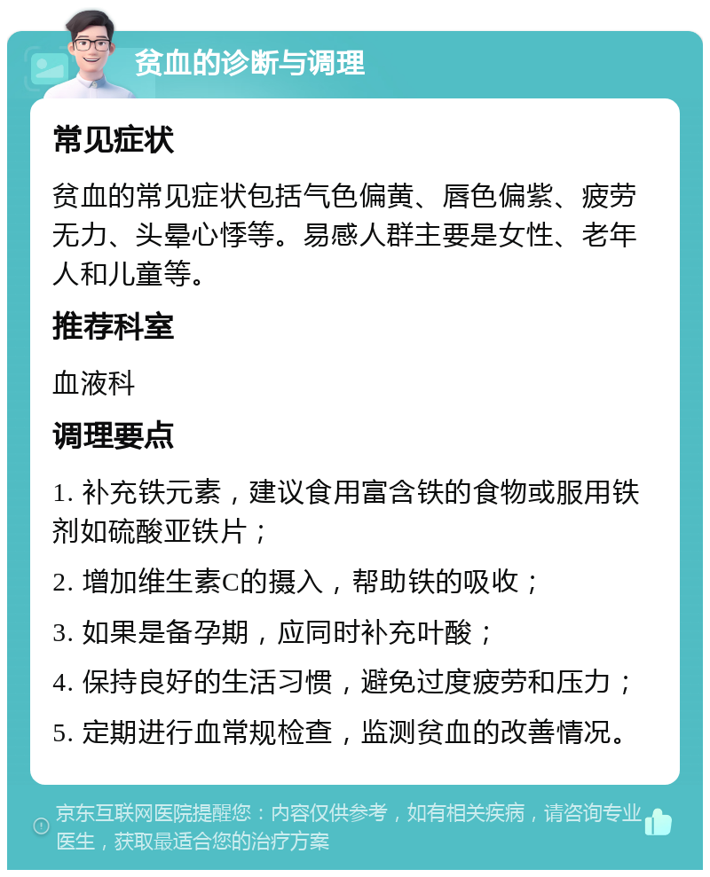 贫血的诊断与调理 常见症状 贫血的常见症状包括气色偏黄、唇色偏紫、疲劳无力、头晕心悸等。易感人群主要是女性、老年人和儿童等。 推荐科室 血液科 调理要点 1. 补充铁元素，建议食用富含铁的食物或服用铁剂如硫酸亚铁片； 2. 增加维生素C的摄入，帮助铁的吸收； 3. 如果是备孕期，应同时补充叶酸； 4. 保持良好的生活习惯，避免过度疲劳和压力； 5. 定期进行血常规检查，监测贫血的改善情况。