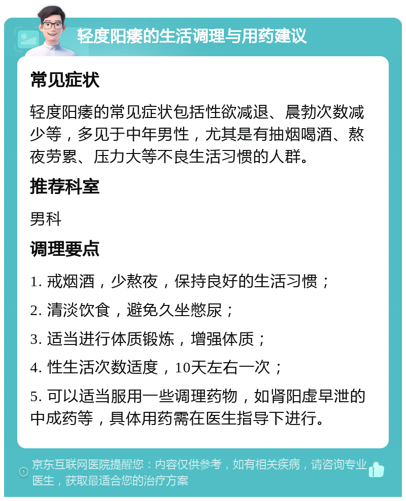 轻度阳痿的生活调理与用药建议 常见症状 轻度阳痿的常见症状包括性欲减退、晨勃次数减少等，多见于中年男性，尤其是有抽烟喝酒、熬夜劳累、压力大等不良生活习惯的人群。 推荐科室 男科 调理要点 1. 戒烟酒，少熬夜，保持良好的生活习惯； 2. 清淡饮食，避免久坐憋尿； 3. 适当进行体质锻炼，增强体质； 4. 性生活次数适度，10天左右一次； 5. 可以适当服用一些调理药物，如肾阳虚早泄的中成药等，具体用药需在医生指导下进行。