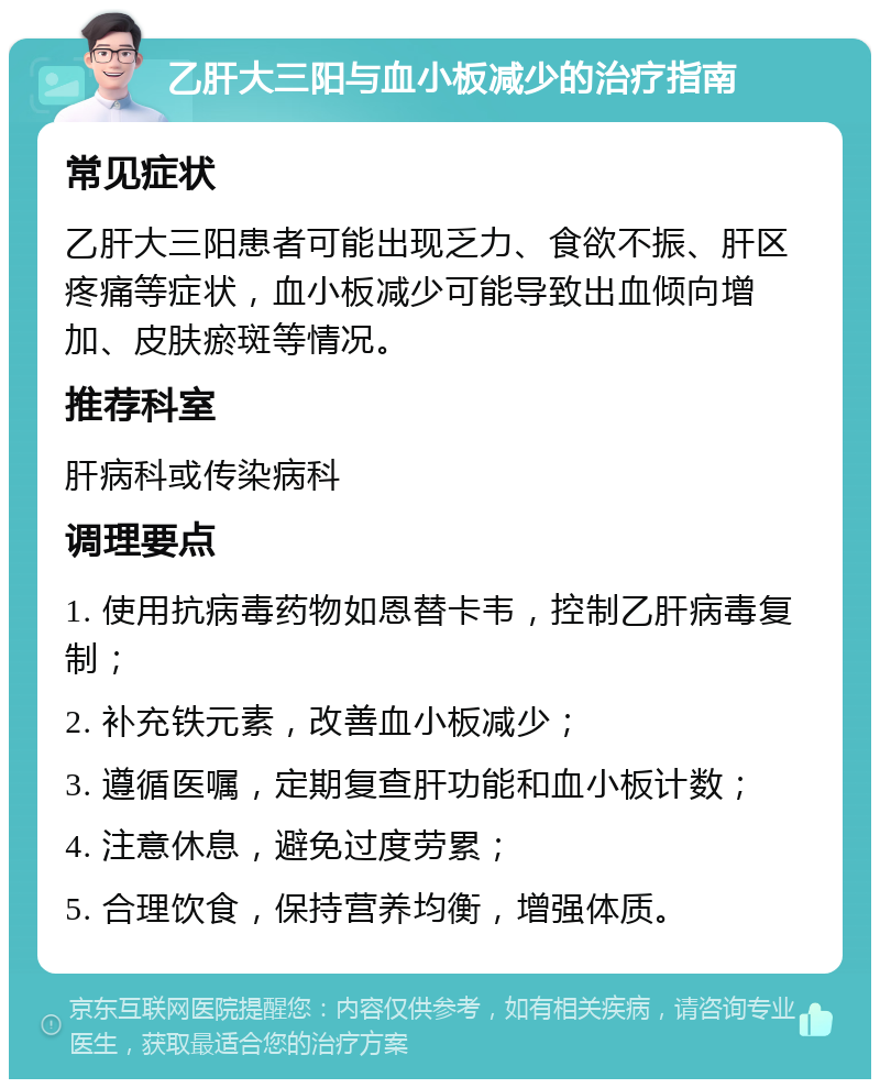 乙肝大三阳与血小板减少的治疗指南 常见症状 乙肝大三阳患者可能出现乏力、食欲不振、肝区疼痛等症状，血小板减少可能导致出血倾向增加、皮肤瘀斑等情况。 推荐科室 肝病科或传染病科 调理要点 1. 使用抗病毒药物如恩替卡韦，控制乙肝病毒复制； 2. 补充铁元素，改善血小板减少； 3. 遵循医嘱，定期复查肝功能和血小板计数； 4. 注意休息，避免过度劳累； 5. 合理饮食，保持营养均衡，增强体质。